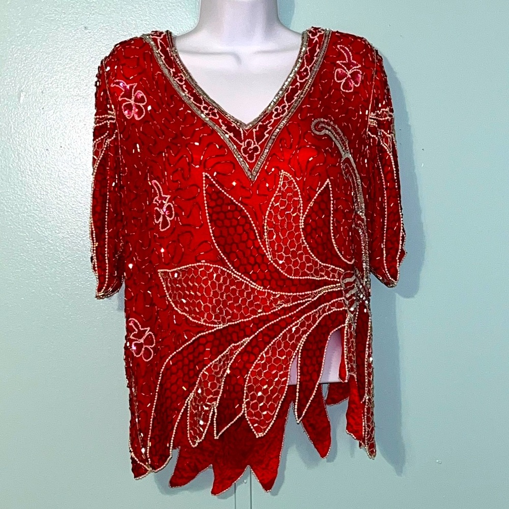 Raiment Fashions Inc Blouse 100% Silk Size Medium‎ Beads Sequins Vintage